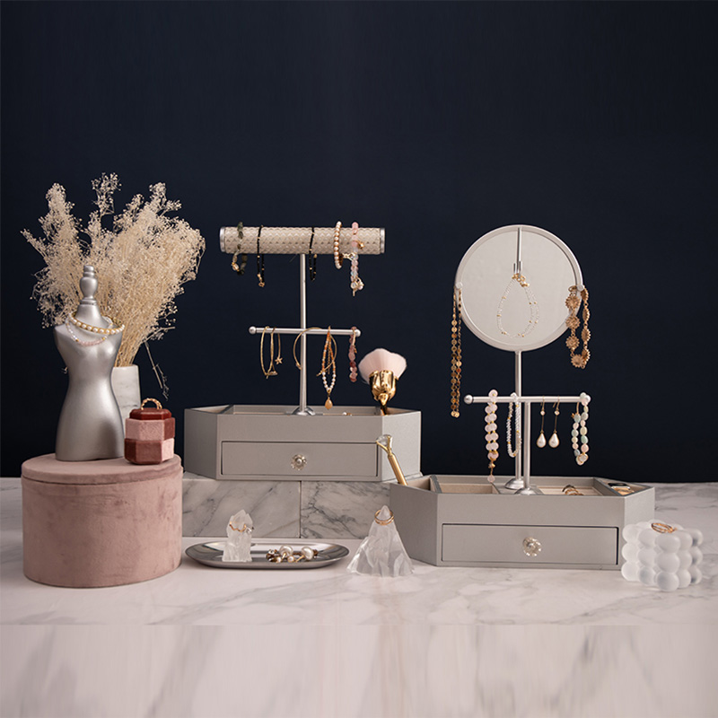 Organizator de bijuterii în formă de T Organizator de produse cosmetice de masă din lemn cu oglindă rotundă